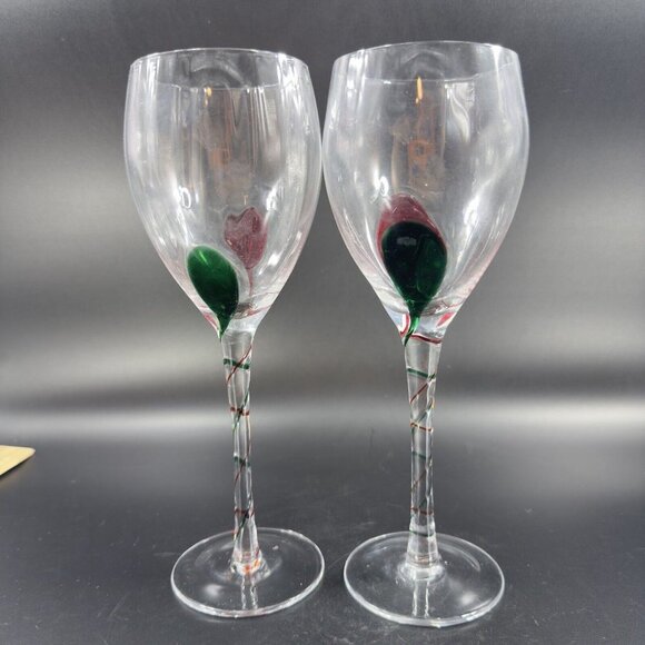 Pier 1 Red Green Swirl Wine Goblet Drinking Glasses Optic Discontinued Set of 2 - Picture 2 of 13